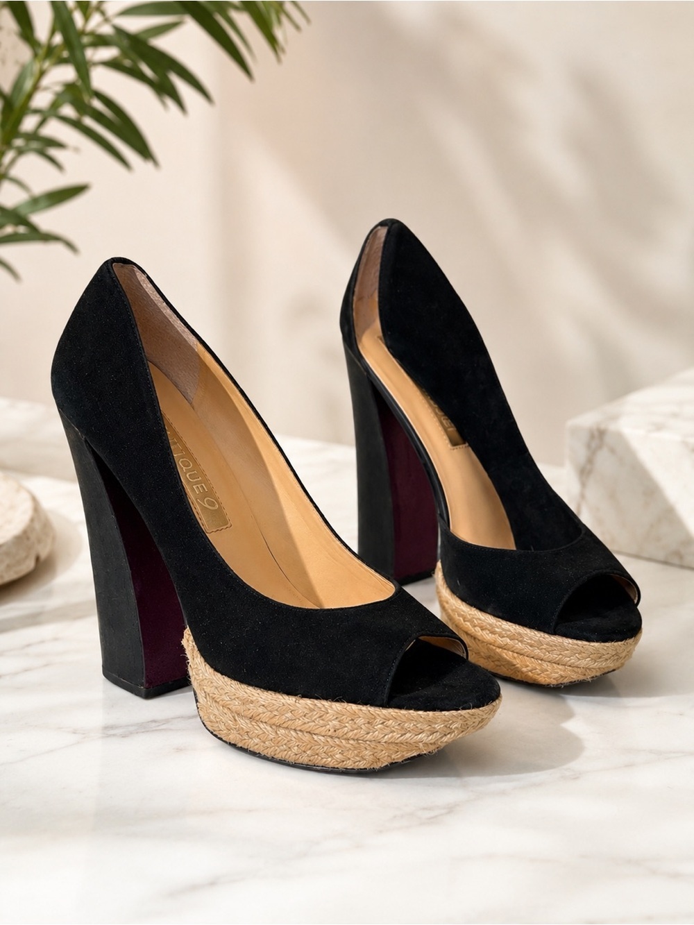 Boutique 9 Btamalia Black Suede Peep Toe Platform Heels Cork Trim Size 10